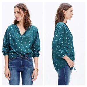 Madewell Fall Feathers Peasant Green/White Long Sleeve Blouse
